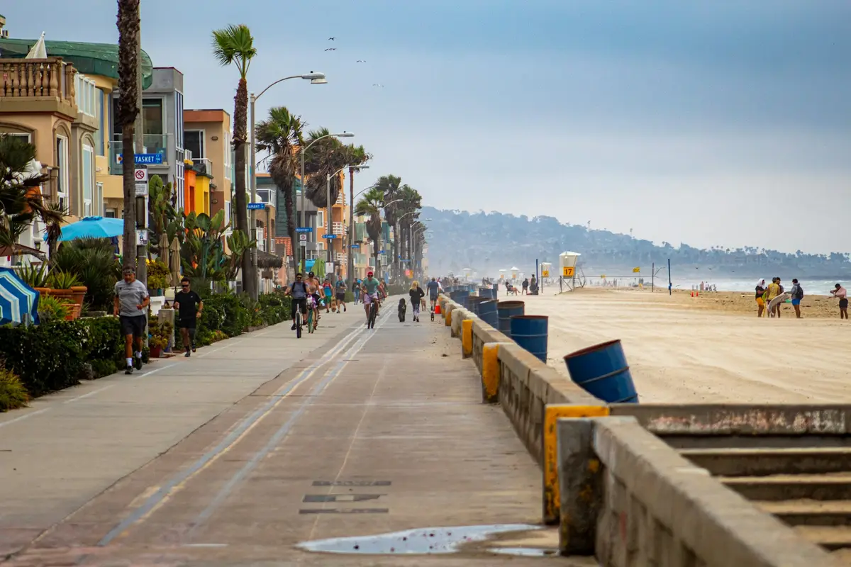 The Mission Beach boardwalk lined with beach houses and palm trees